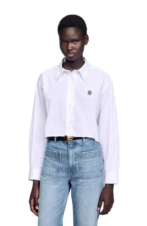 SANDRO Cropped poplin shirt in White at Nordstrom, Size Large | Nordstrom