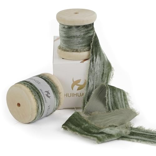 HUIHUANG Sage Green Velvet Ribbon 1 inch Frayed Velvet Ribbon Crinkled Silk Velvet Ribbon for Gift Wrapping, Floral Bouquets, Ornaments Crafts, Christmas Tree Decoration, Wreaths, Wedding Decor | Amazon (US)