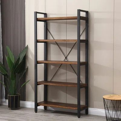 5 Tier Bookcase Shelf, Industrial Rustic Vintage Bookshelf With Solid Wood Shelves And Metal Frame, Sturdy Open Storage Etagere For Home Office Living | Wayfair North America