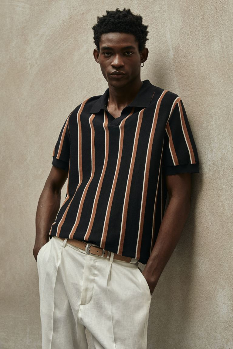 Regular Fit Fine-knit Polo Shirt - Short sleeve - Regular length - Black/striped - Men | H&M US | H&M (US + CA)