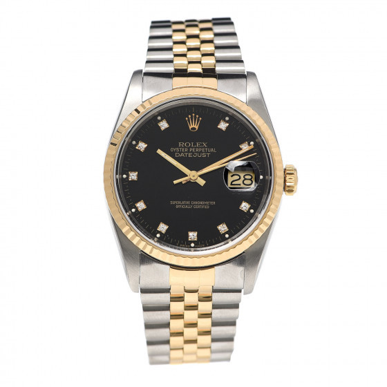 ROLEX Stainless Steel 18K Yellow Gold Diamond 36mm Oyster Perpetual Datejust Watch Black 16233 | Fashionphile