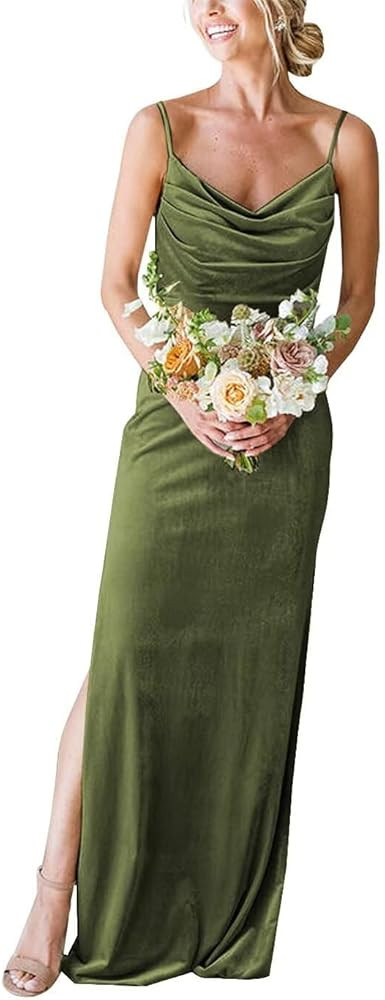 UZN Cowl Neck Velvet Bridesmaid Dresses Long for Women with Slit Spaghetti Straps Formal Party Go... | Amazon (US)