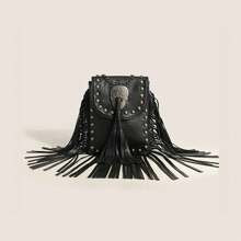 Steampunk Fringe Crossbody Bag Trendy Rivet Shoulder Bag Vintage Tassel Mobile Phone Bag Black | SHEIN