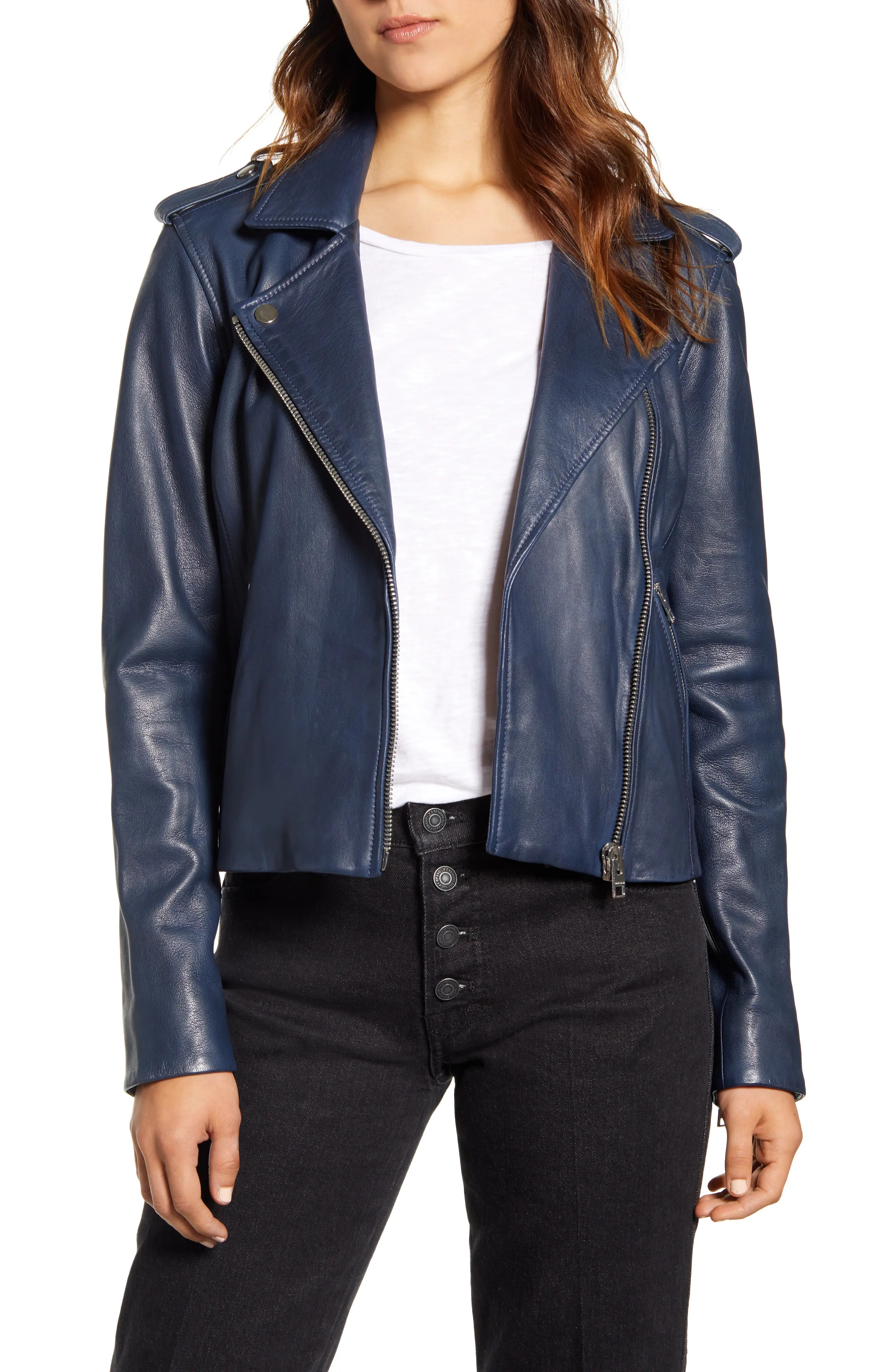 Women's Lucky Brand Core Leather Moto Jacket, Size Small - Blue | Nordstrom