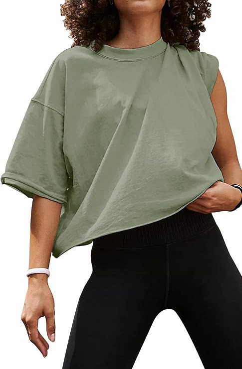 Women's Oversize Workout Crop Tops Casual Short Sleeve Drop Shoulder Boxy T-Shirts Roll Hem Basic... | Amazon (US)
