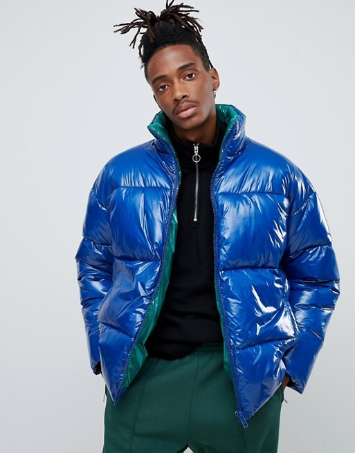 ASOS DESIGN puffer jacket in high shine in colbalt | ASOS US