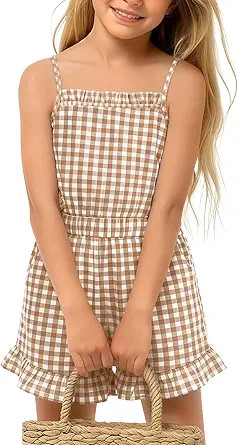Xaatren Girls Gingham Romper Summer Sleeveless Ruffle Square Neck Overall Shorts Checkered Spaghe... | Amazon (US)