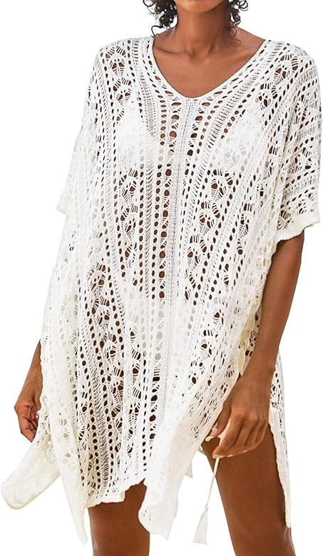 CUPSHE Women's Swim Cover Up Crochet Lace Sheer Coverups Bikini Swimsuit Beach Dress White | Amazon (US)