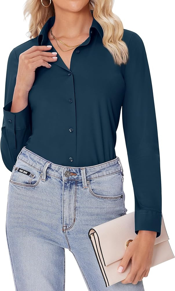 siliteelon Button Down Shirts for Women Slim fit Long Sleeve Stretch Dress Shirts Work Shirt Wrin... | Amazon (US)