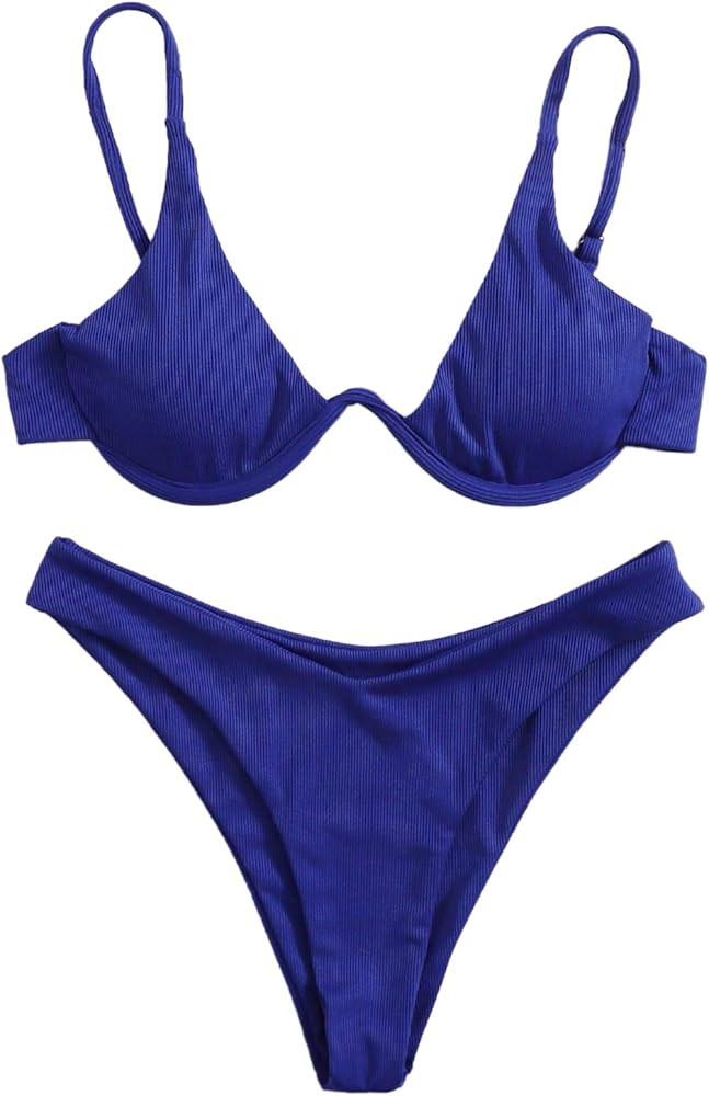 Amazon.com: Verdusa Women's 2 Piece Triangle Bikini High Cut Ribbed Bathing Suit Swimwear Royal B... | Amazon (US)
