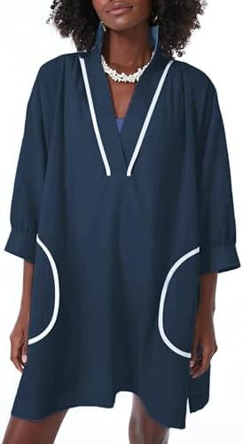Ailoqing Swimsuit Coverup Womens V Neck 3/4 Sleeve Casual Shirt Dress with Pockets | Amazon (US)