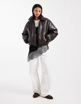 Object premium faux leather padded jacket in chocolate brown | ASOS (Global)