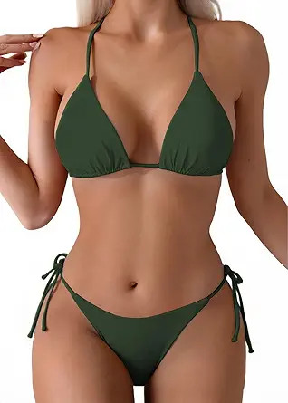 Tainehs Women's Sexy Halter Thong Bikini Tie Two Sides Bottom Triangle Bikini Swimsuits | Amazon (US)