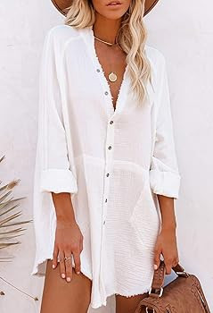 HAPCOPE Women's Button Down Shirt Dress Oversized Long Sleeve Swimsuit Cover Ups Beach Dresses | Amazon (US)