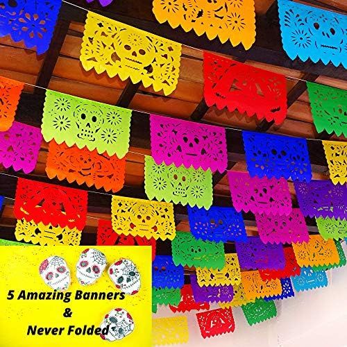 5 Pk Papel Picado Dia de Los Muertos Banners 60 feet Total, Made from Colorful Tissue Paper Flags WS | Amazon (US)