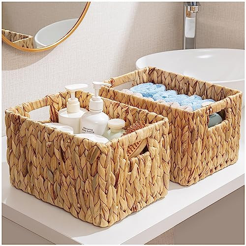 ELONG HOME Water Hyacinth Wicker Baskets, Rectangular 12" Wicker Basket 2 Pack, Wicker Basket for Shelves, Woven Storage Baskets with Handles | Amazon (US)