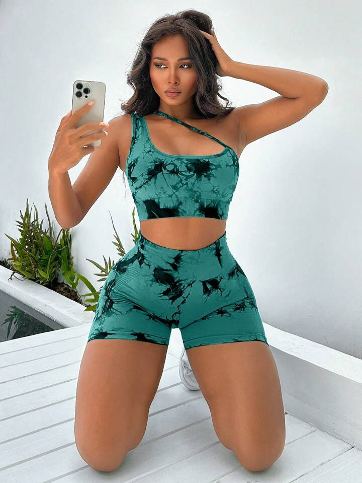 Yoga Trendy Tie Dye One Shoulder Sports Set | SHEIN