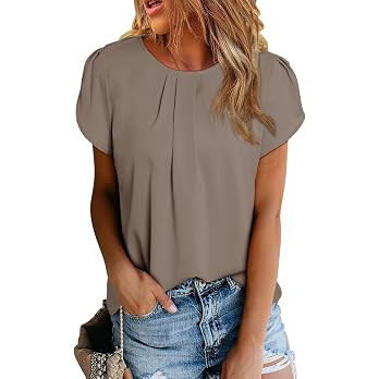 Dokotoo Women's Casual Round Neck Short Sleeve Tops Work Chiffon Blouses | Amazon (US)