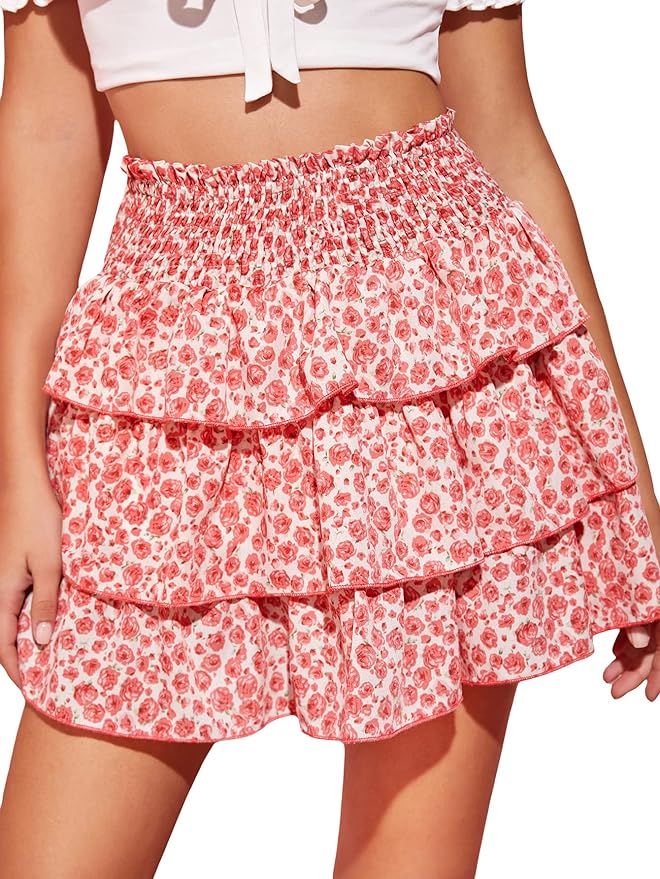 Floerns Women's Striped High Waist Layered Ruffle Hem Mini Skirt | Amazon (US)