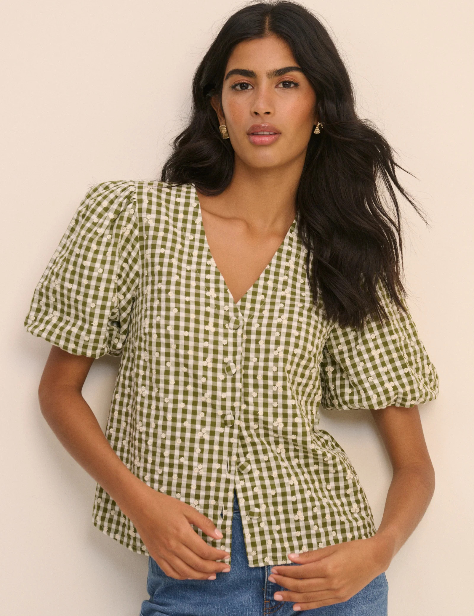 Green Gingham Embroidered Puff Sleeve Top | Nobody's Child