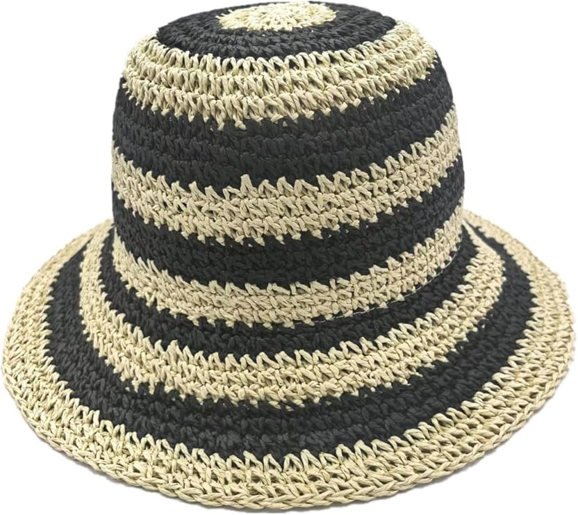 Woven Straw Hat for Women Foldable Summer Beach Hat Wide Brim Floppy Bucket Hat | Amazon (US)
