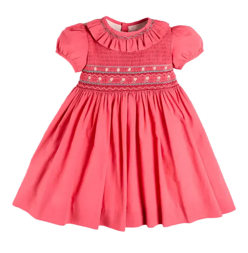 Pepa London Hand Smocked Flower Embroidered Dress in Strawberry | JoJo Mommy