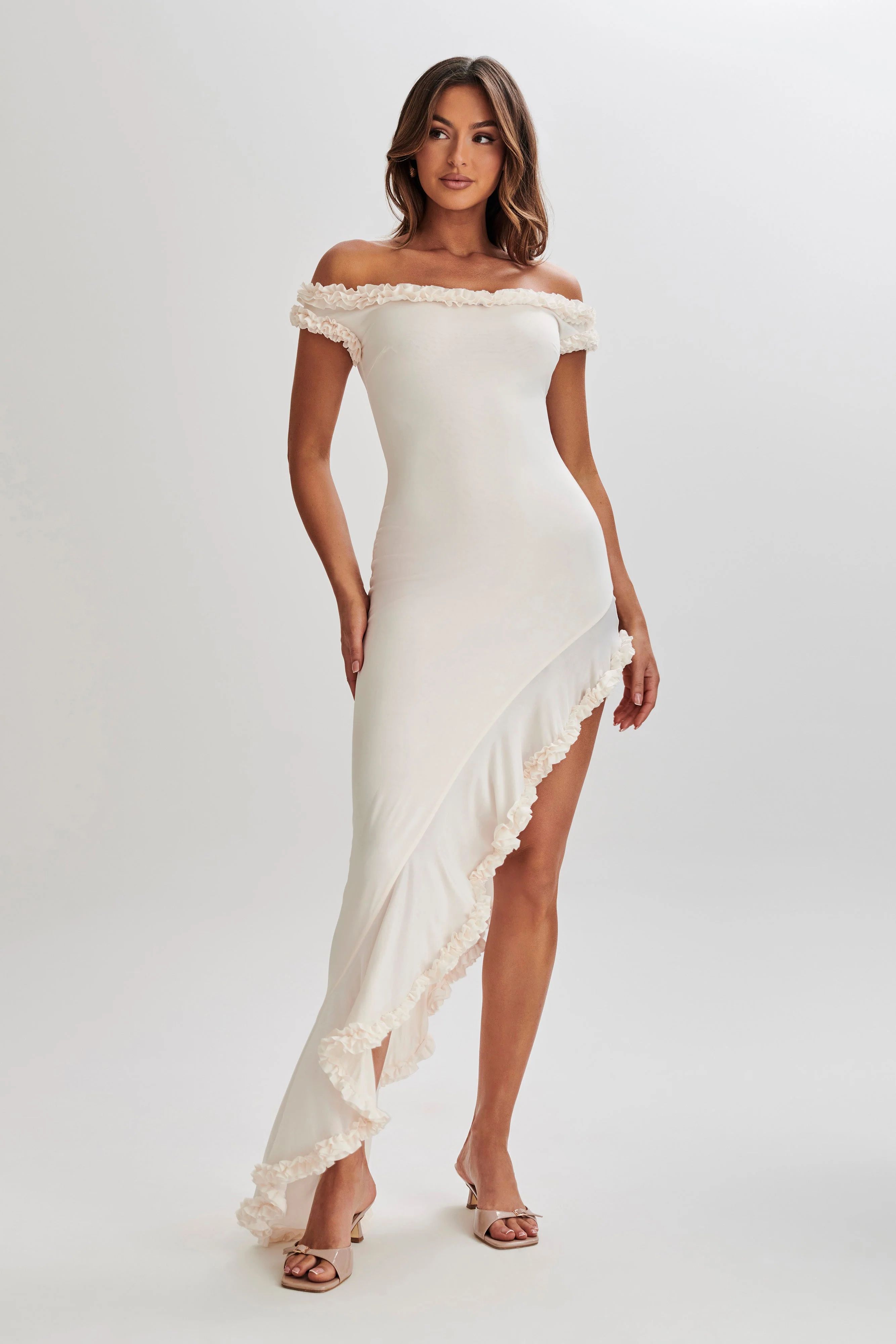 Arielle Off Shoulder Ruffle Midi Dress - Ivory | MESHKI US