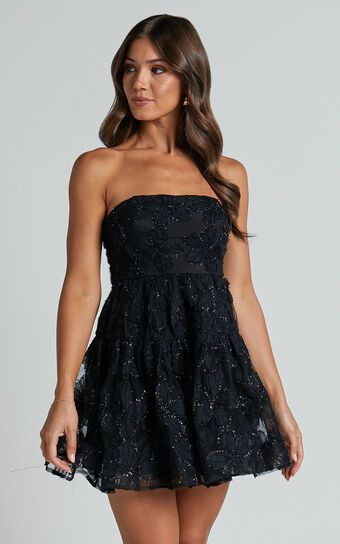 Marzy Mini Dress - Strapless Floral Detail Lace Fit and Flare Dress in Black | Showpo (US, UK & Europe)