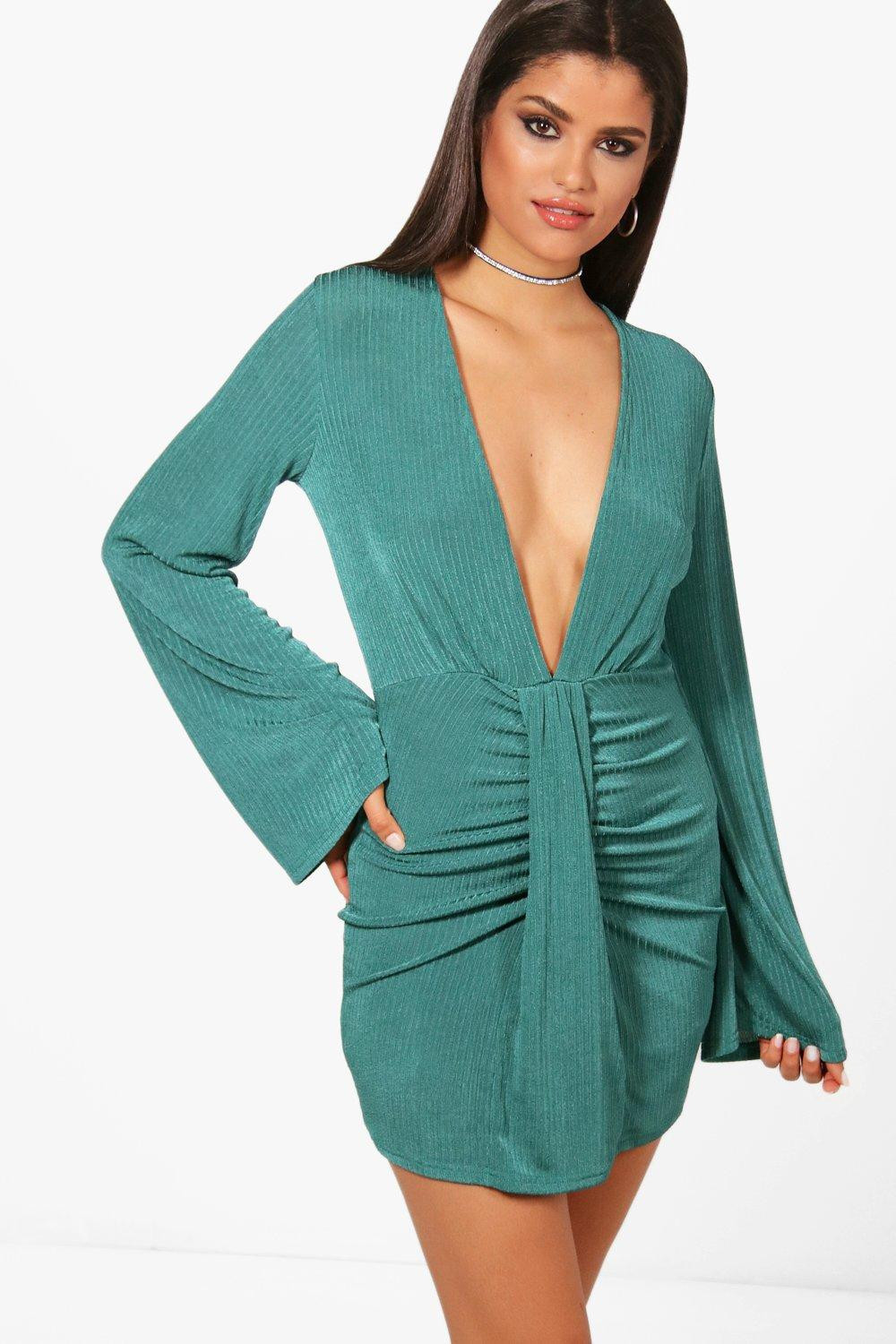 Eli Drape Detail Long Sleeve Bodycon Dress | Boohoo.com (US & CA)