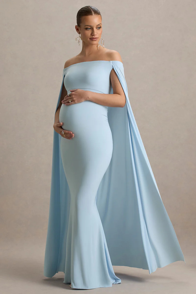 Radiance  Powder Blue Bardot Maternity Maxi Dress With Cape | Club L London
