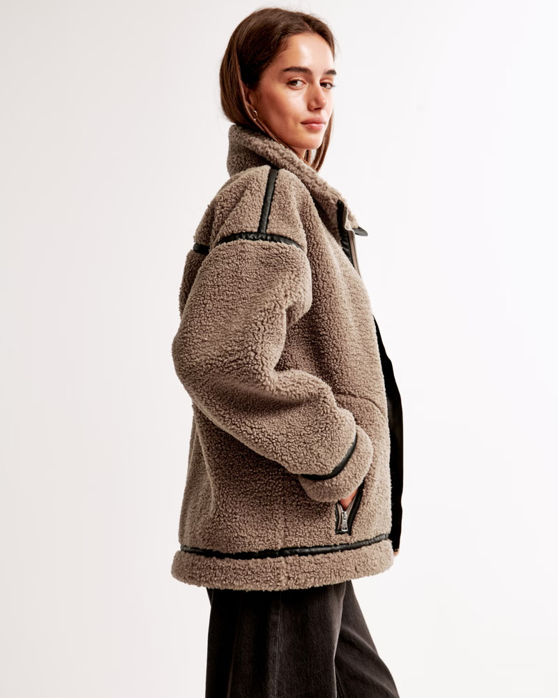 Women's Contrast Trim Sherpa Aviator Jacket | Women's New Arrivals | Abercrombie.com | Abercrombie & Fitch (US)