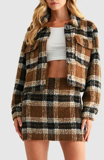 All in Favor Plaid Crop Jacket in Brown Navy at Nordstrom Rack, Size Large | Nordstrom Rack