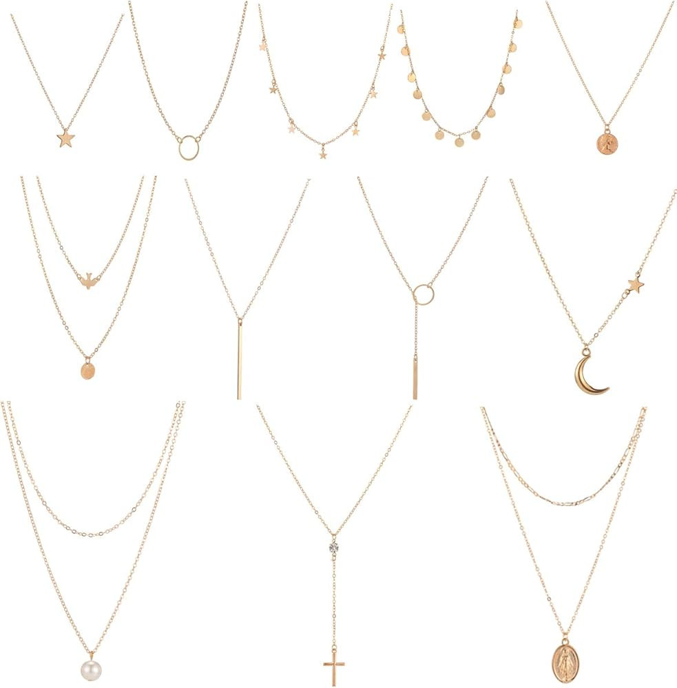 12 Pcs Layered Choker Necklace for Women Girls Handmade Dainty Chain Necklace Set Pearl Coin Circ... | Amazon (US)