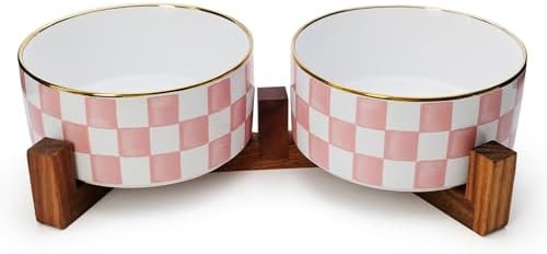 Ceramic Dog Bowls for Medium Dogs, 3.5 Cups Checkered Dog Food and Water Bowl with Acacia Wood St... | Amazon (US)