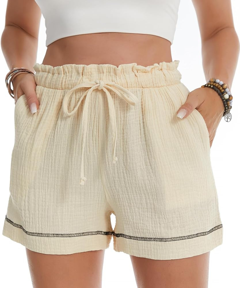 Women's High Waisted Gauze Cotton Shorts Linen-Like Breathable Drawstring Summer Beach Shorts wit... | Amazon (US)