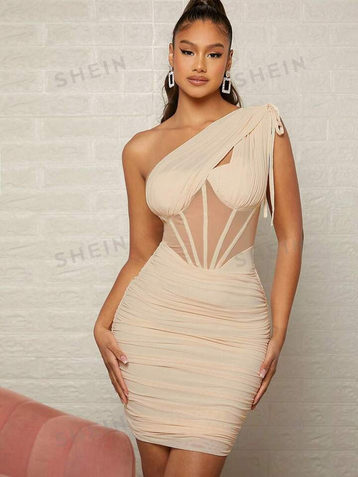 SHEIN Haute One Shoulder Drawstring Bustier Dress | SHEIN