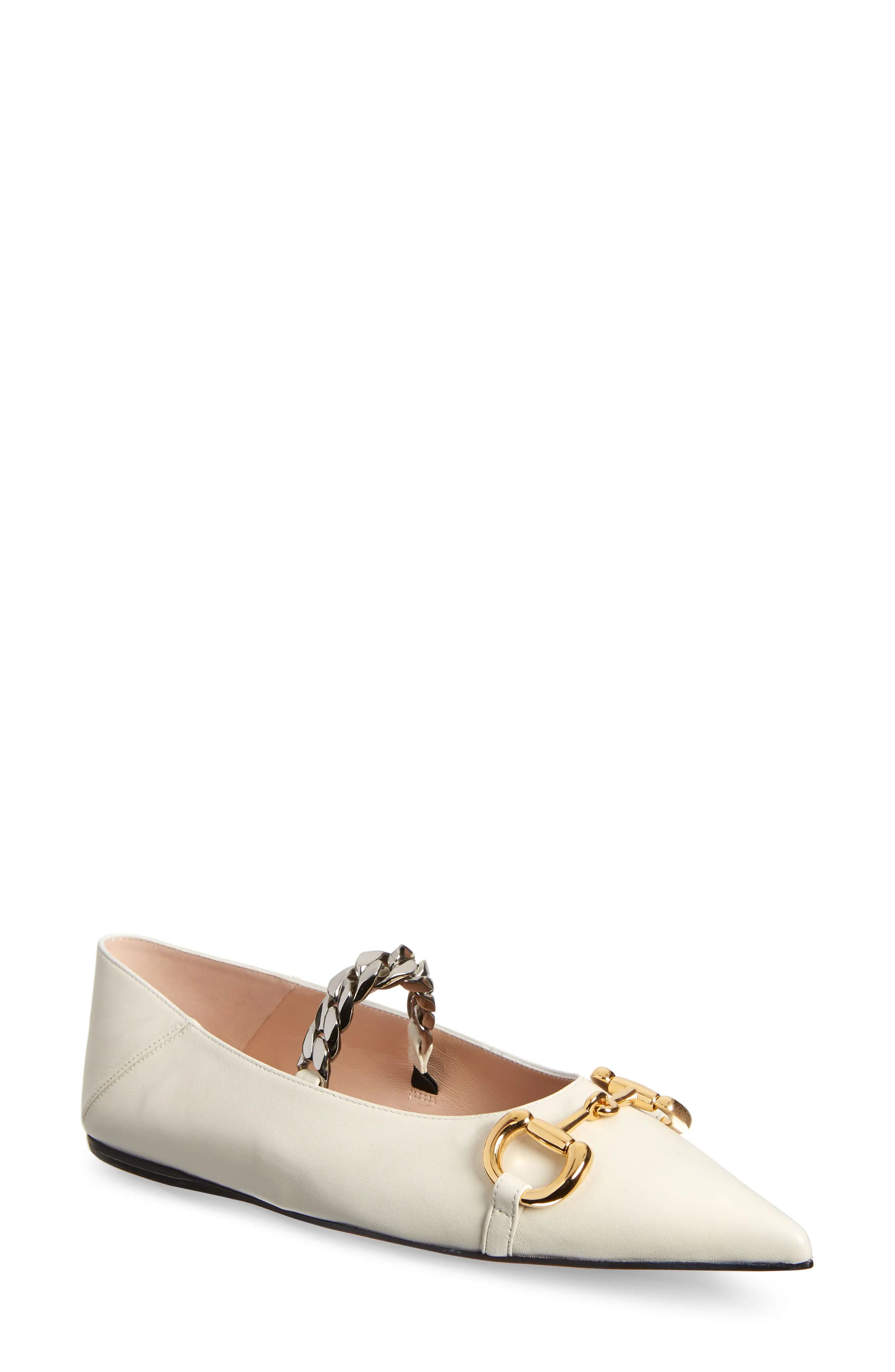 Women's Gucci Deva Horsebit & Chain Convertible Pointed Toe Ballet Flat, Size 9.5US - White | Nordstrom