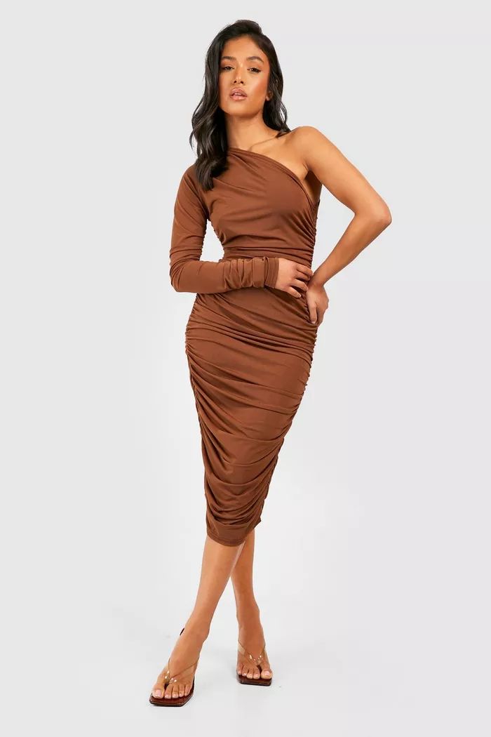 Petite Asymmetric Ruched Midi Dress | Boohoo.com (US & CA)