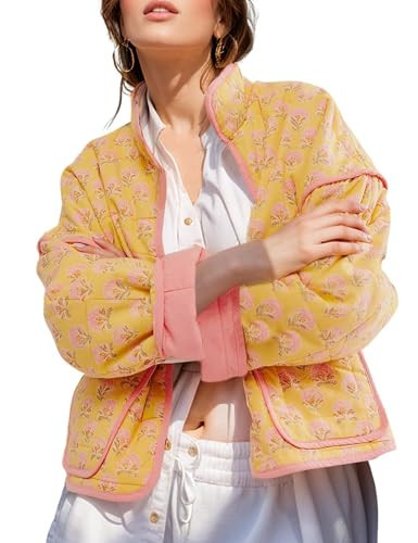 TUREAU Womens Floral Quilted Jackets Lightweight Cropped Button Down Padded Puffer Jacket Winter Warm Coats, YellowFloral M | Amazon (US)