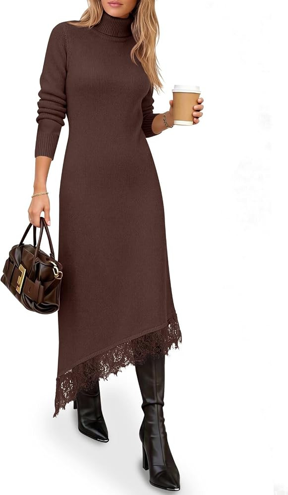 Saodimallsu Womens Turtleneck Sweater Dress Lace Patchwork Knit Midi Dress | Amazon (US)