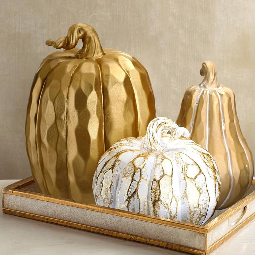 3 Pack Fall Pumpkin Decor White and Gold Resin Pumpkin Figurine Thanksgiving Table Artificial Dec... | Amazon (US)
