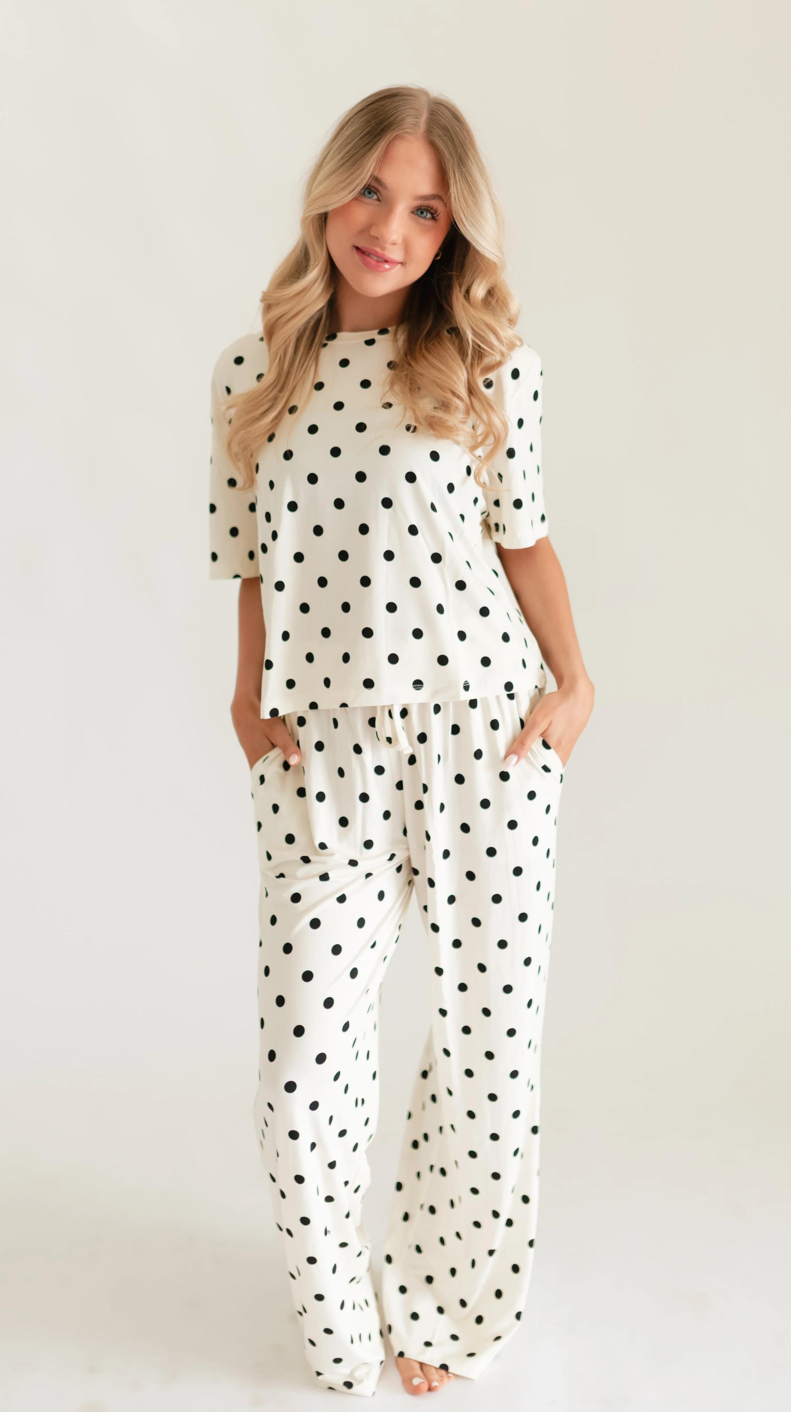 Women's T-Shirt and Pants Set in Cream & Black polka dot | Silks Design
