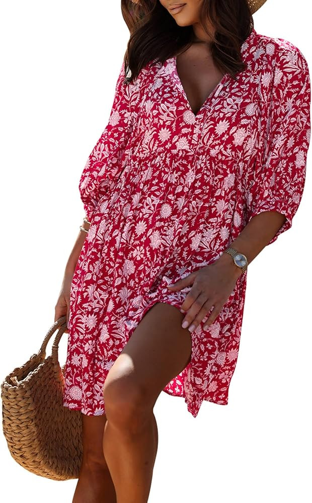 miduo Womens Casual V Neck Summer Half Sleeve Bohemian Floral Mini Tunic Short Dresses | Amazon (US)