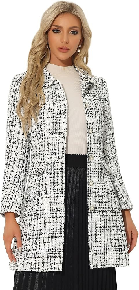 Allegra K Plaid Tweed Coat for Women's Elegant Single Breasted Long Peter Pan Collar Coats | Amazon (US)