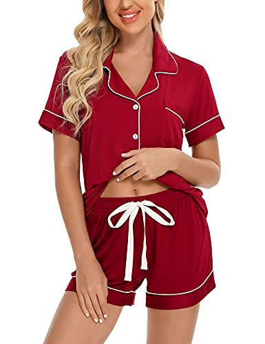 Anjue Red Pajamas for Women Christmas Pajamas Sets Sleepwear Shorts Lounge Set Bridal Party Pajamas(B-Wine Red,XXL) | Amazon (US)