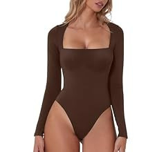 QINSEN Women's Sexy Square Neck Bodysuit Long Sleeve Double Shirt Tops | Amazon (US)