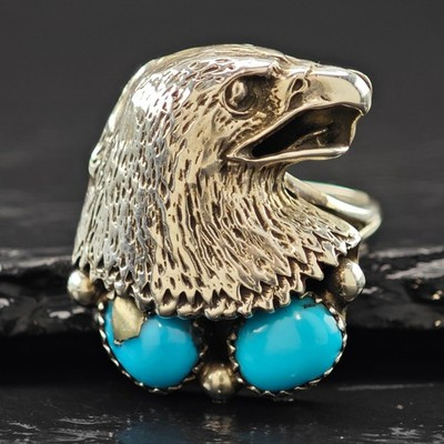 Block Turquoise Eagle Head Ring Sterling Silver Sz 7 | eBay US
