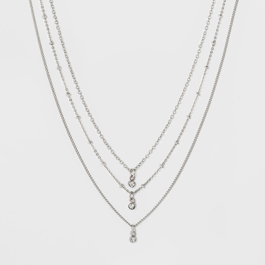 Women's Three Row Short Necklace with Crystals - Silver | Target