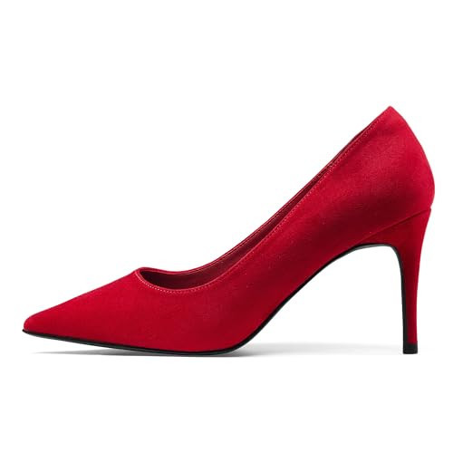 Elisabet Tang 3 in Classic Pointy Pull on Heeled Wedding Pumps - Comfortable Stiletto Closed Toe Dress Heels for Prom Work Red Suede 8.5 | Amazon (US)