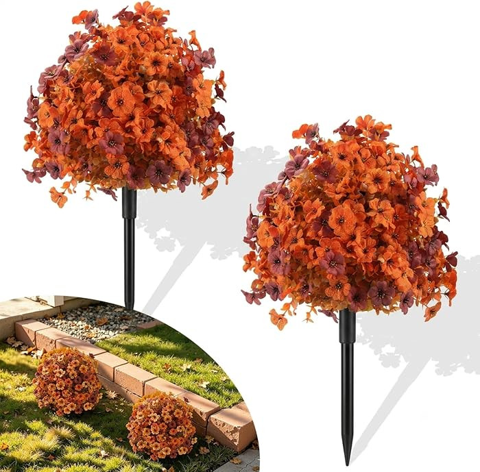2Pcs 23.5" Fall Artificial Mum Topiary Ball Flowers Outdoor Porch Decor | Amazon (US)
